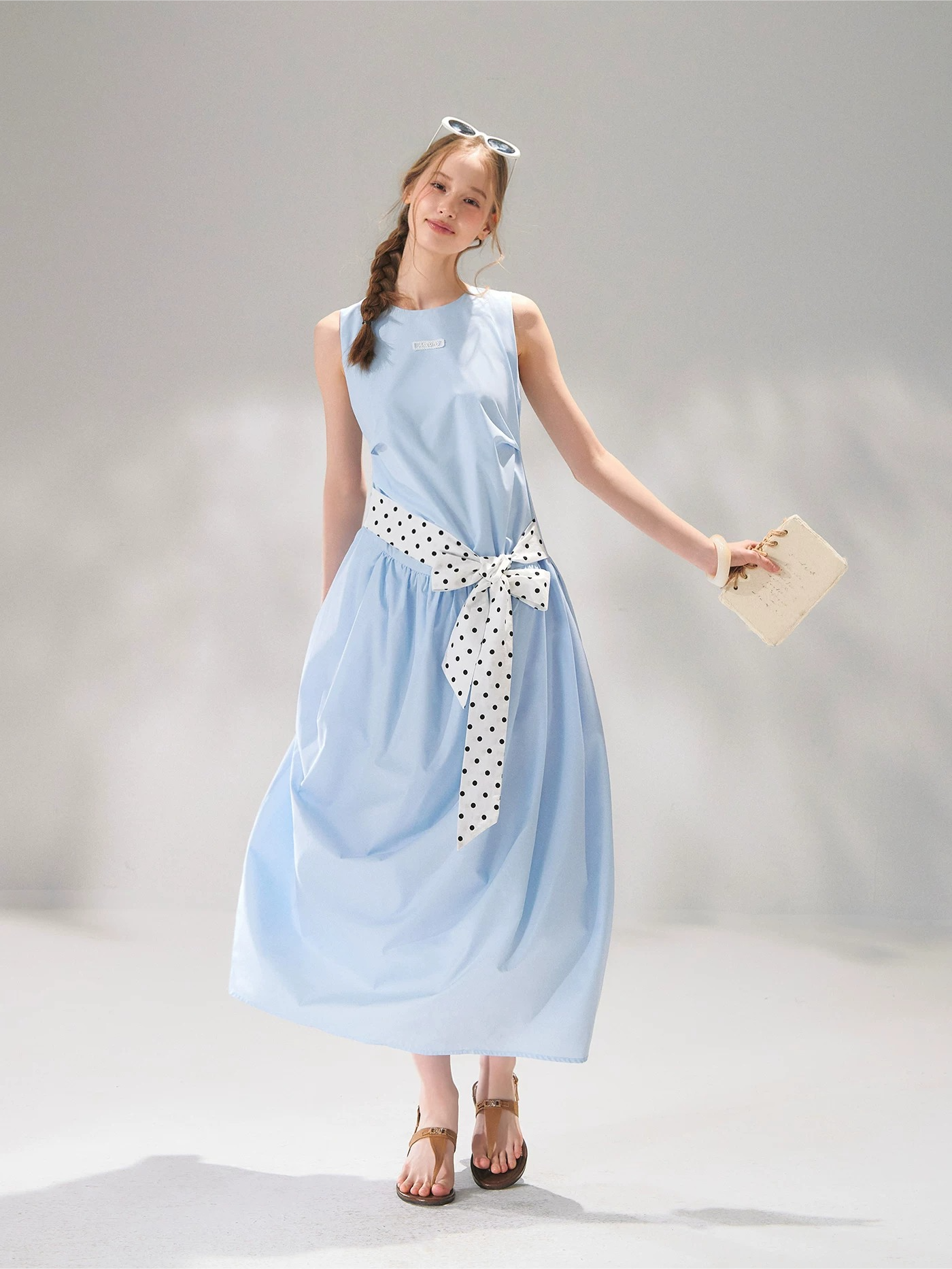 Polka-Dot Tie-Waist Sleeveless Midi Dress