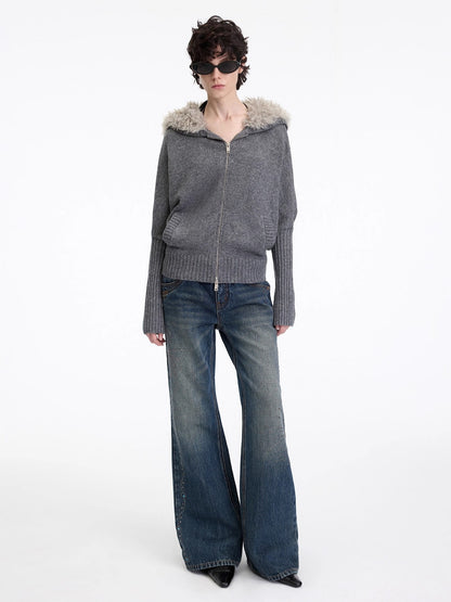 Wool-Blend Hooded Faux Fur Collar Knit Jacket