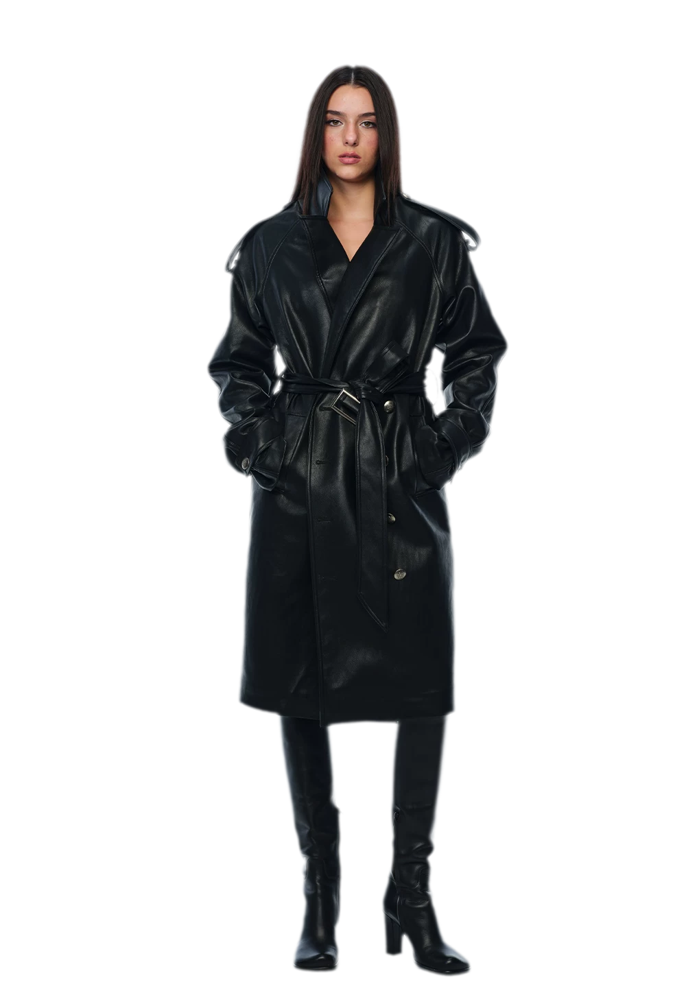 PU Leather Belted Trench Coat
