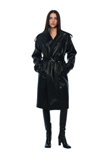 PU Leather Belted Trench Coat