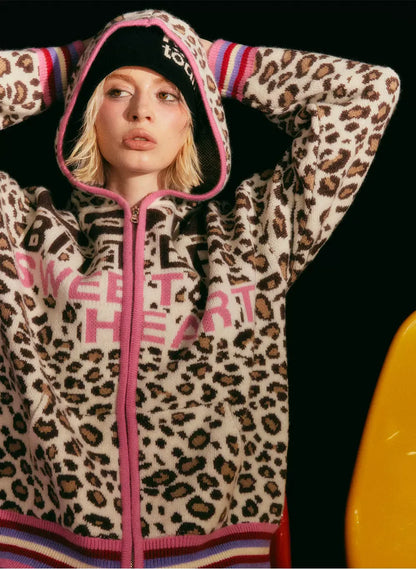 Leopard Jacquard Hooded Cardigan