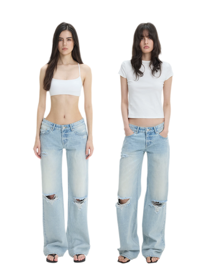 Washed Distressed Straight-Leg Jeans