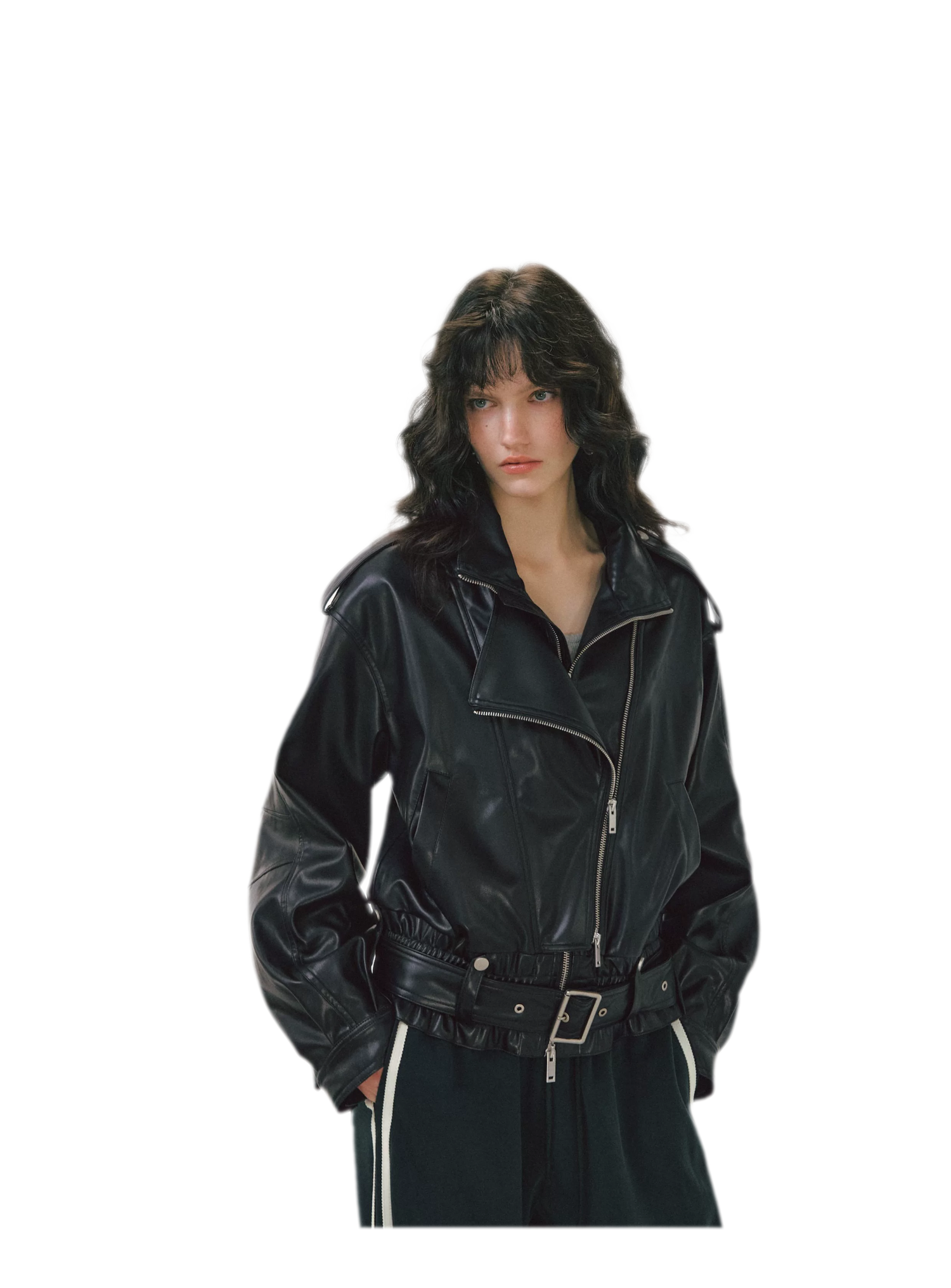 Leather-Look Cropped Motorcycle Jacket