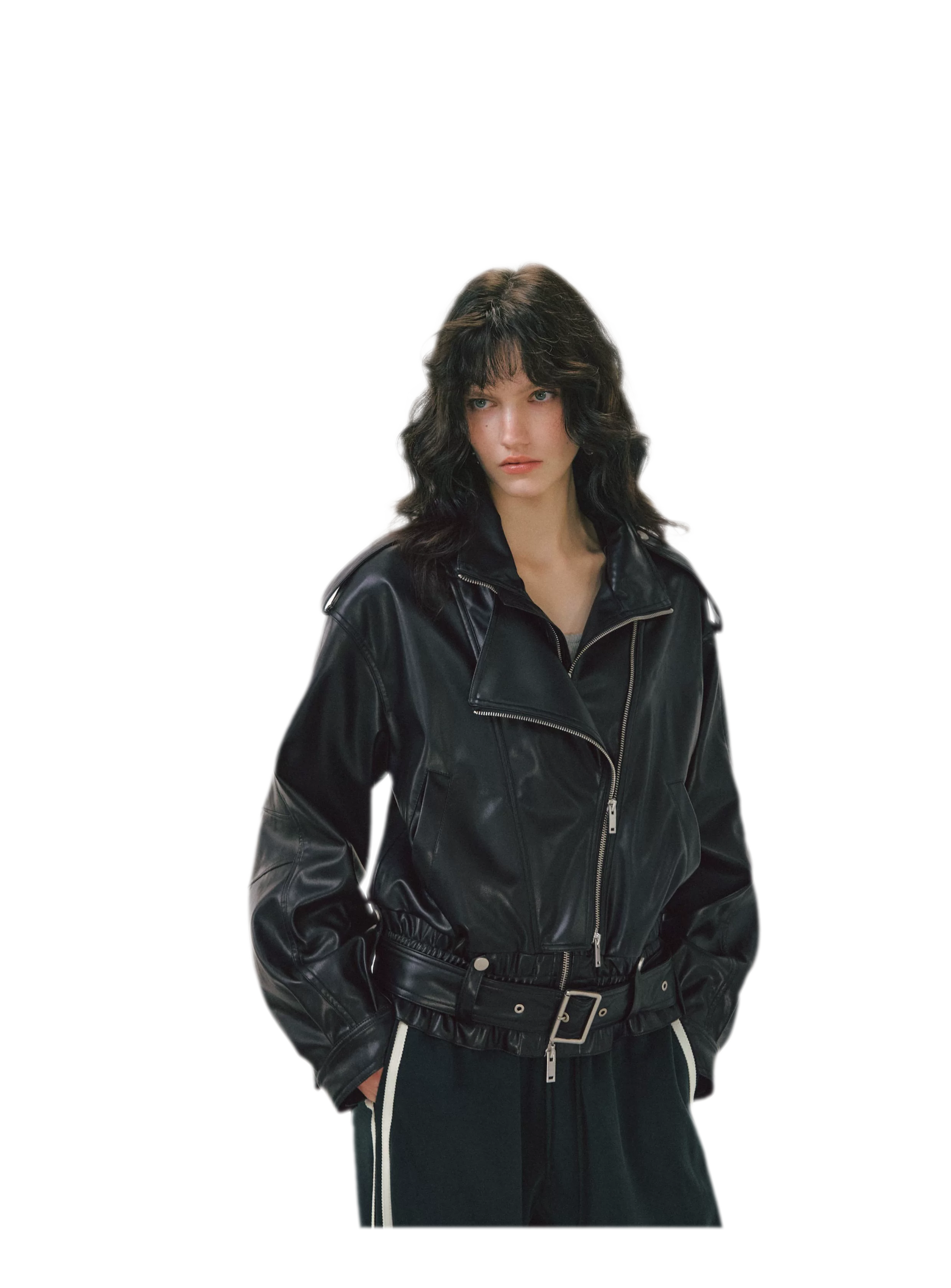 Leather-Look Cropped Motorcycle Jacket