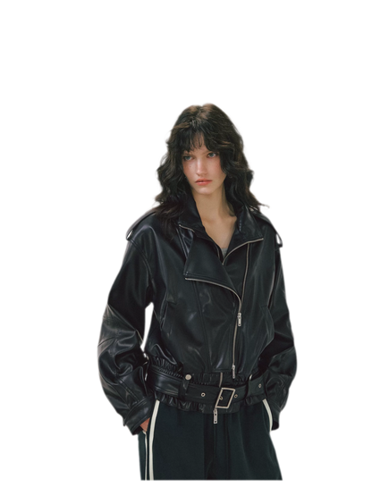 Leather-Look Cropped Motorcycle Jacket