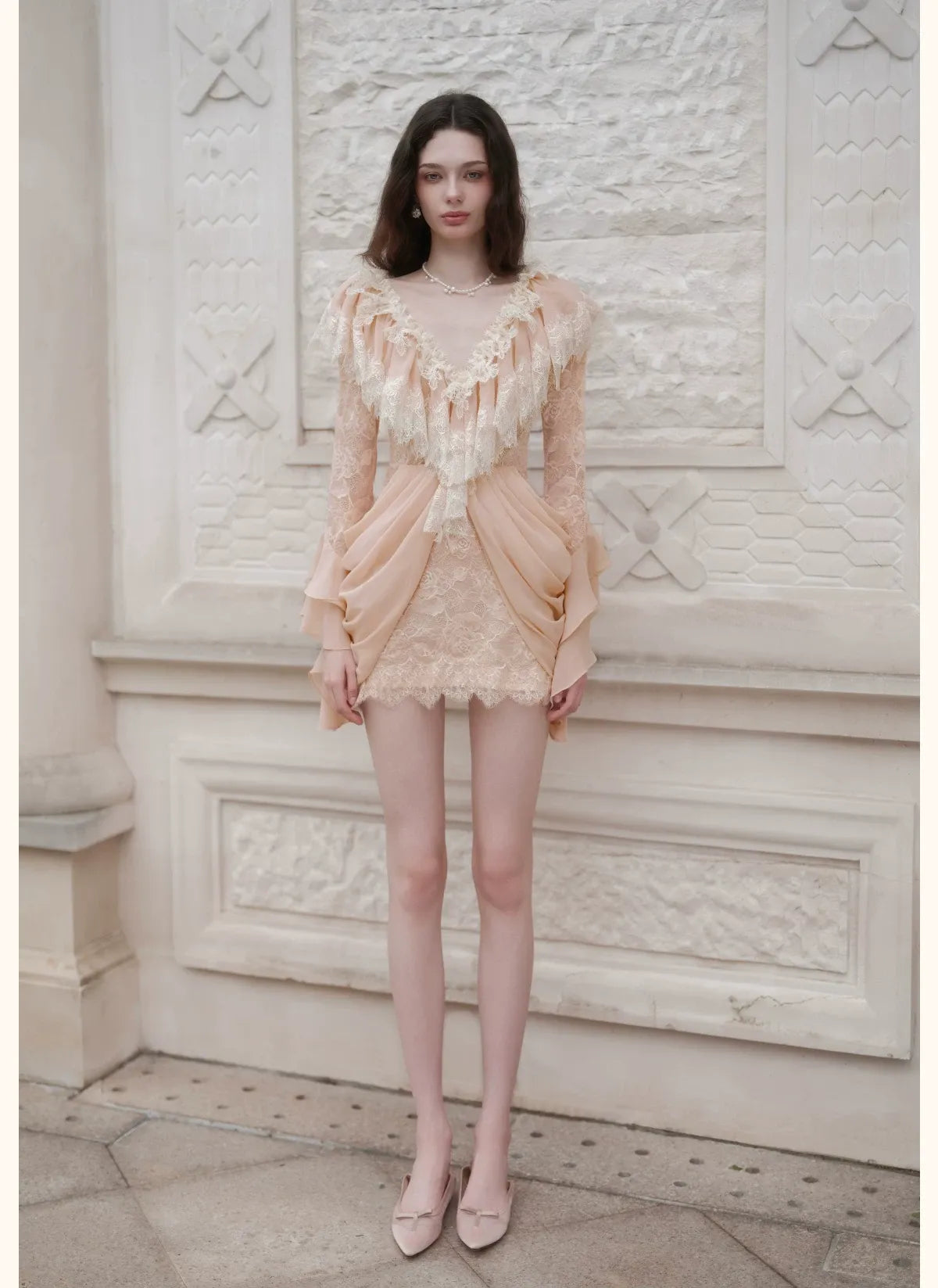 Lace Pleated V-Neck Dress