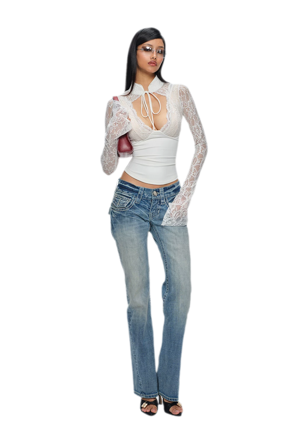Washed Low-Rise Flared Jeans