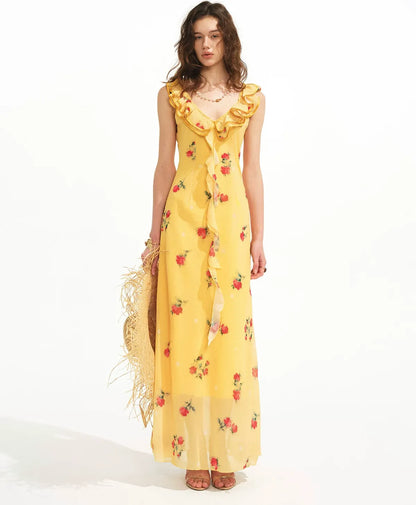 Floral Ruffle Reversible Maxi Dress