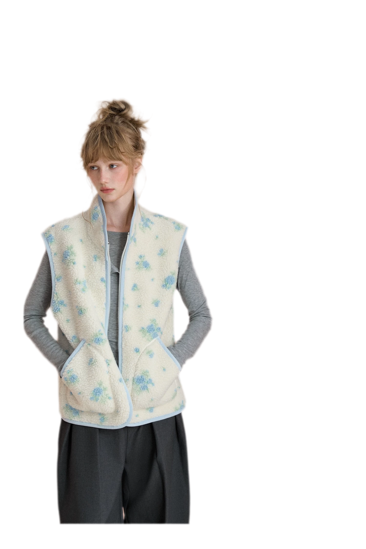 Floral Fleece Stand Collar Vest