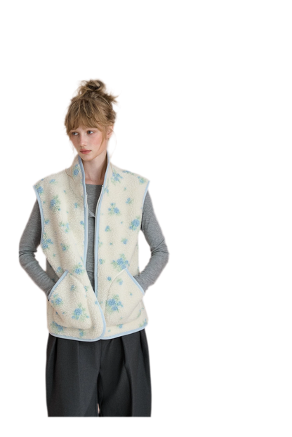 Floral Fleece Stand Collar Vest