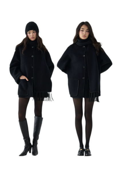 Double-Faced Wool Fringe Cape Coat