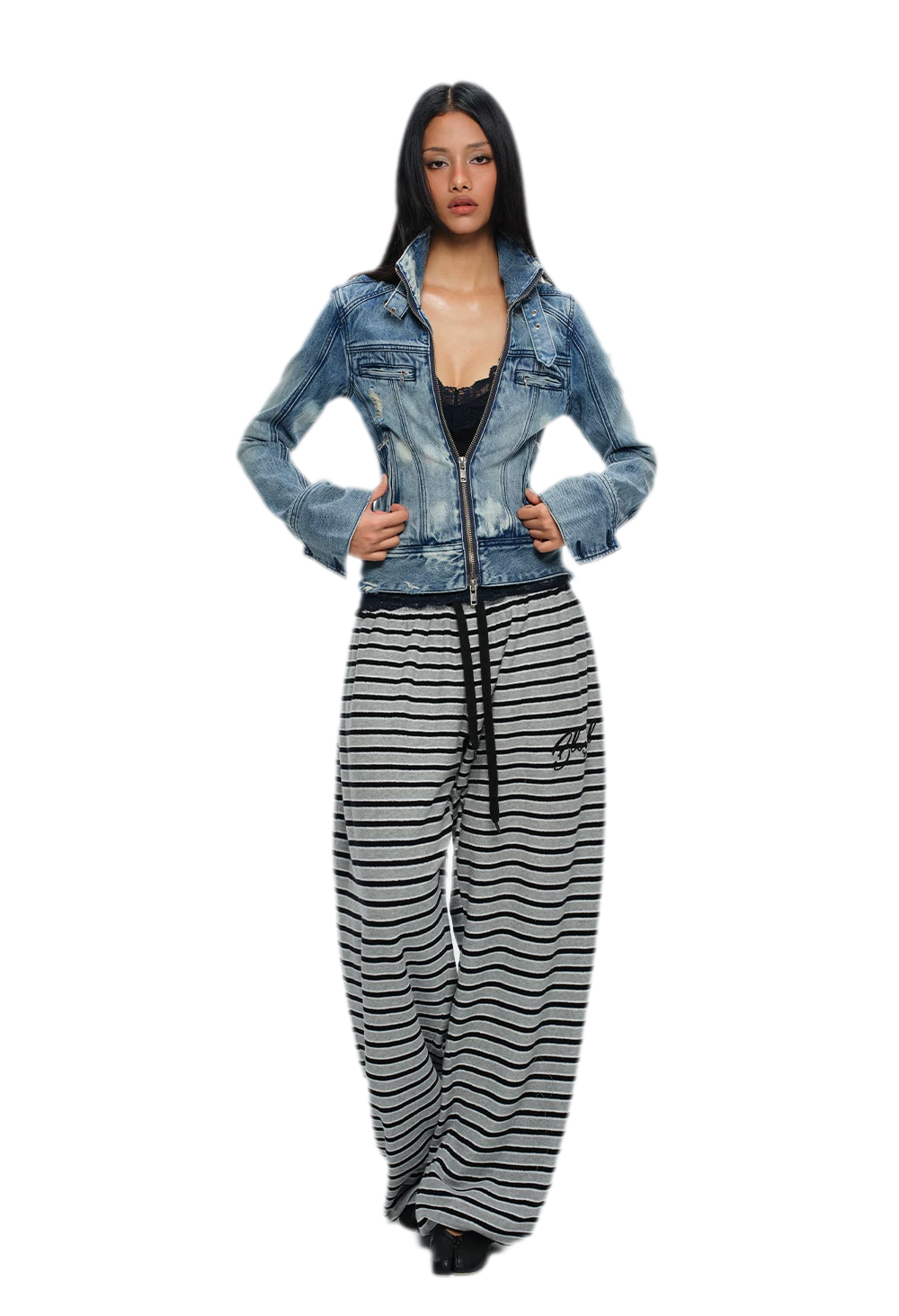 Embroidered Stripe Wide-Leg Pants