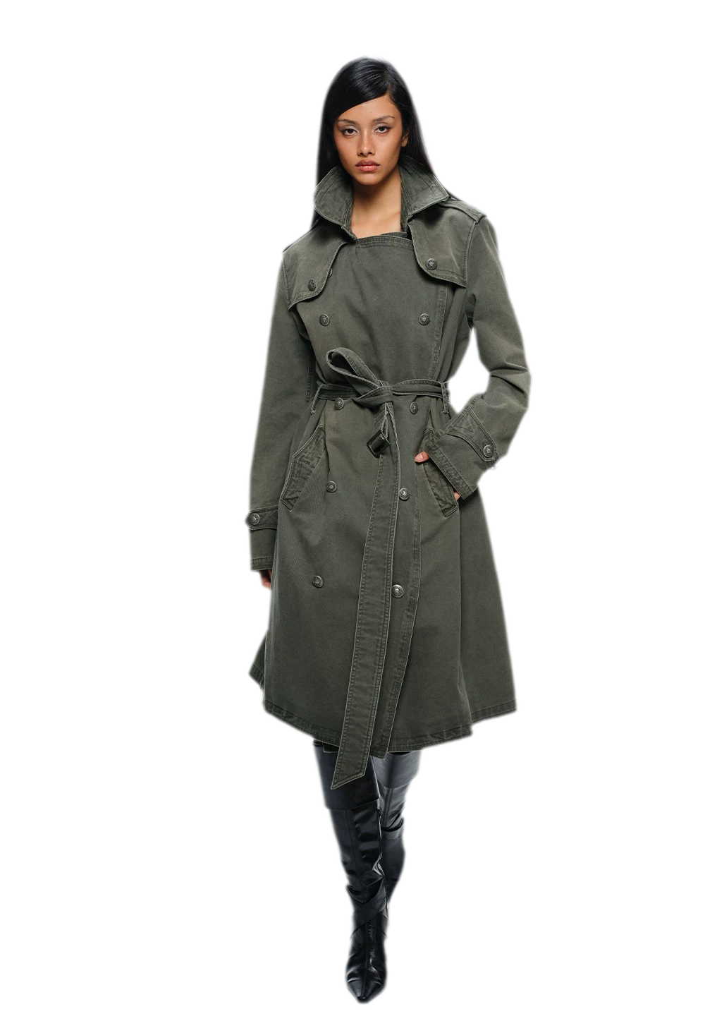 Washed Military Green Trench Coat