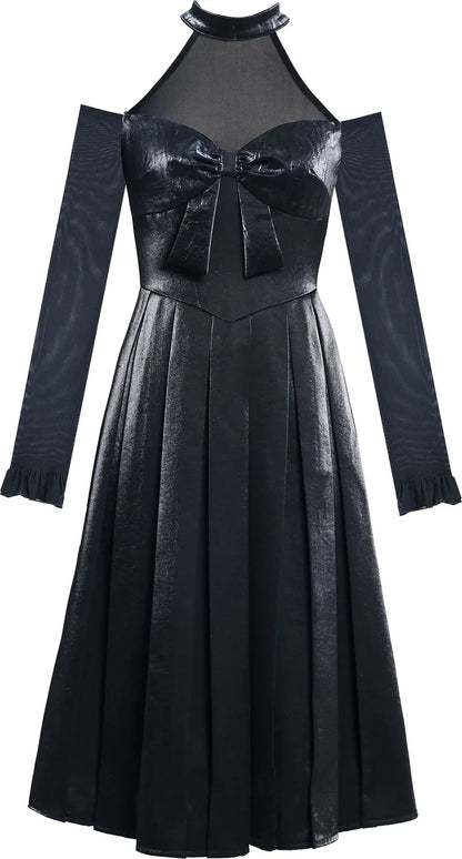 Glossy Halter Pleated Midi Dress