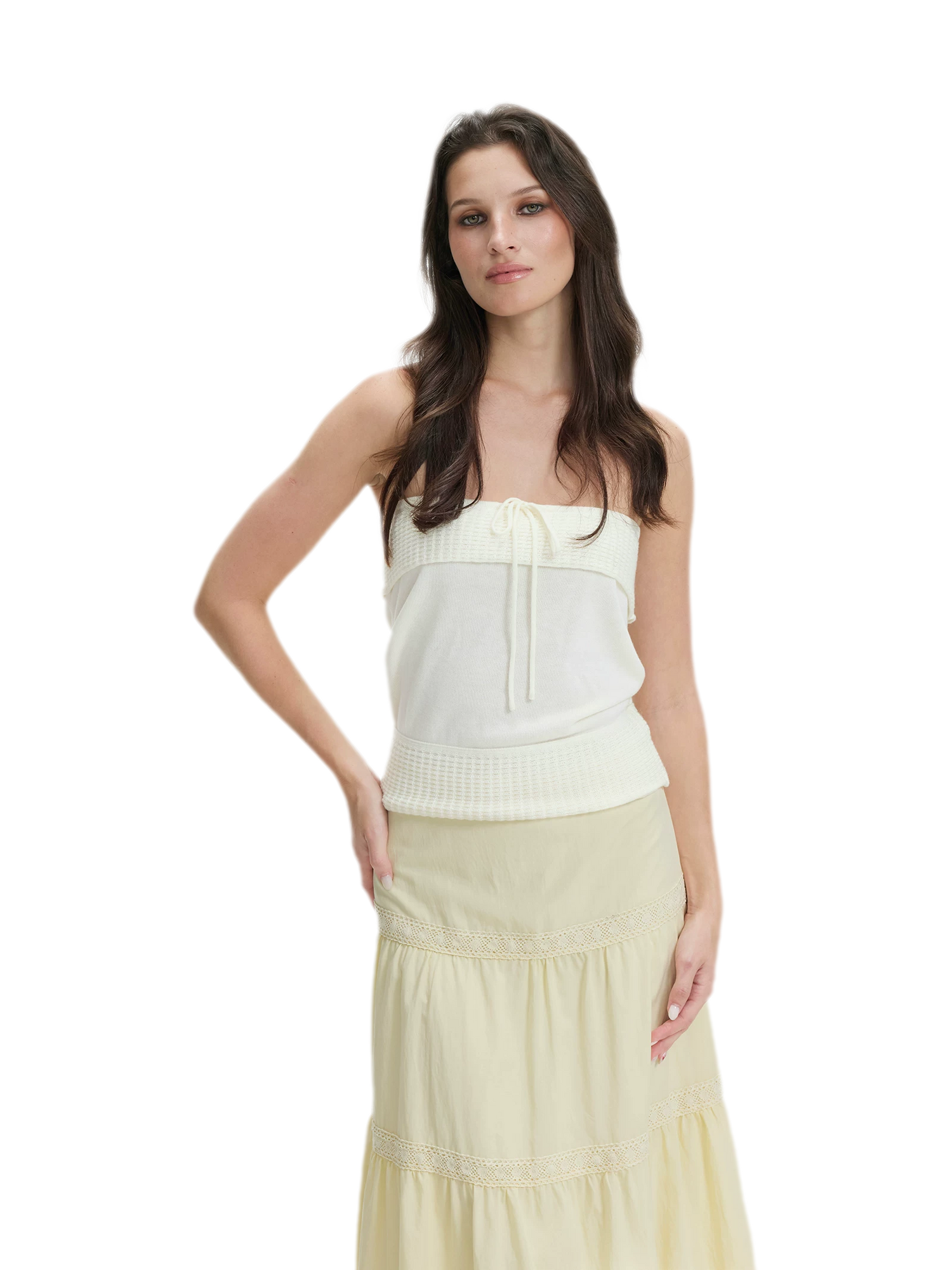 Waffle Drawstring Knit Bandeau Top