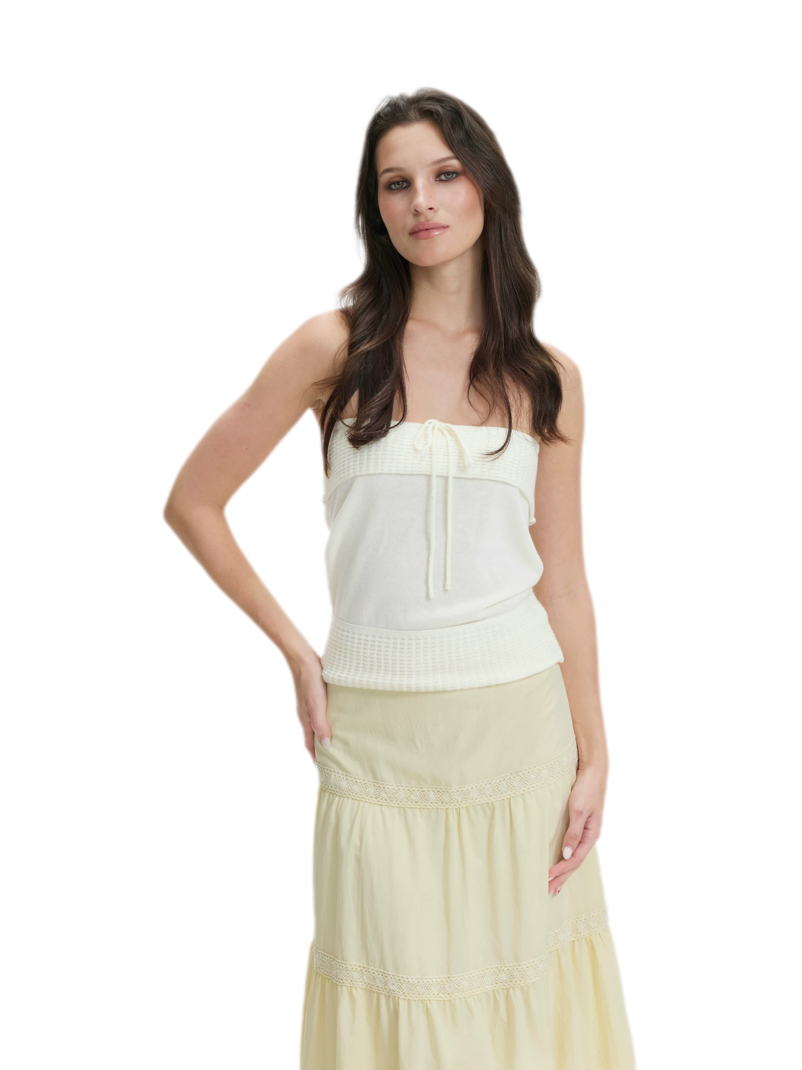 Waffle Drawstring Knit Bandeau Top