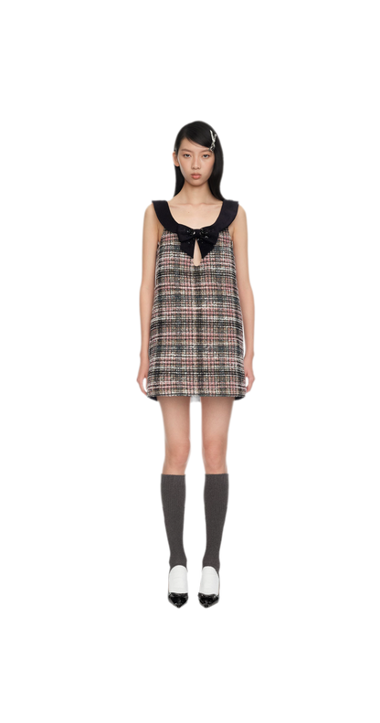 Plaid Tweed Bowknot A-Line Dress