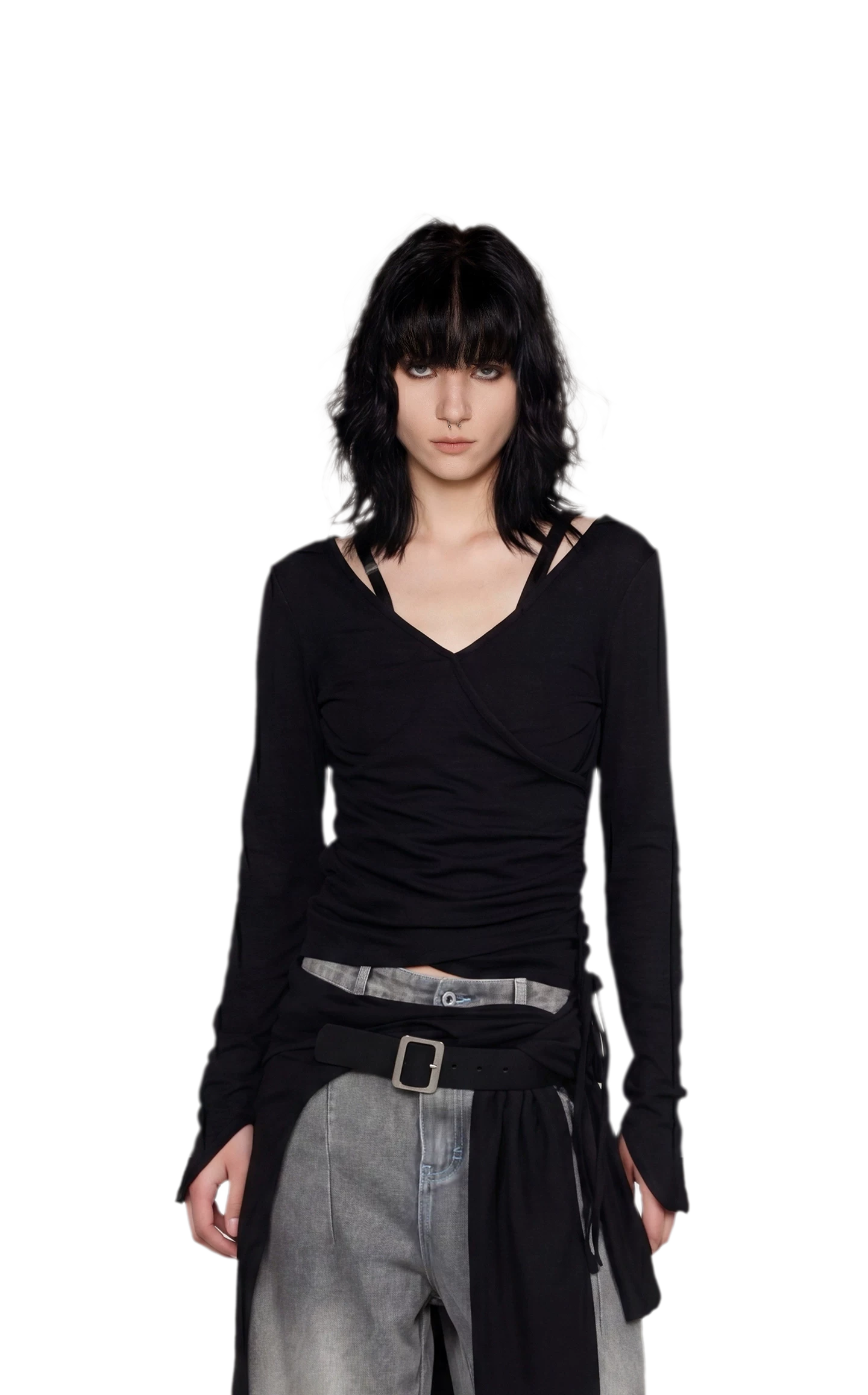 Textured Ruched Slim Long-Sleeve Top