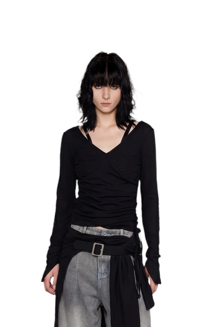 Textured Ruched Slim Long-Sleeve Top