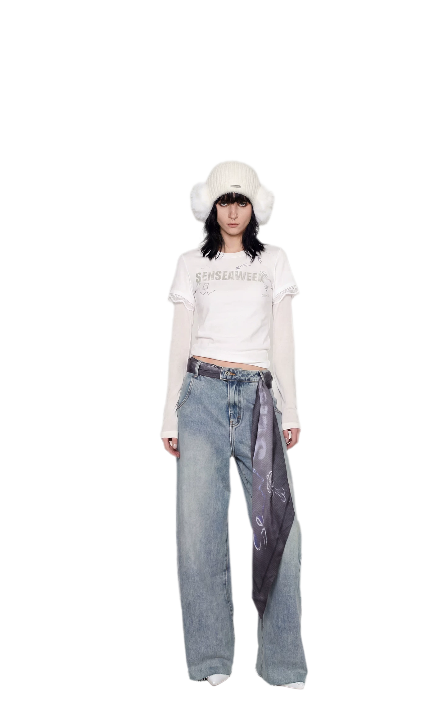 Scarf Tie Wide-Leg Jeans