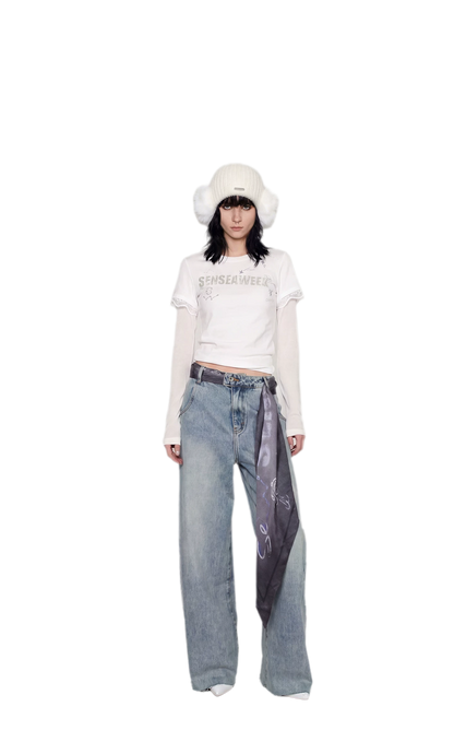 Scarf Tie Wide-Leg Jeans