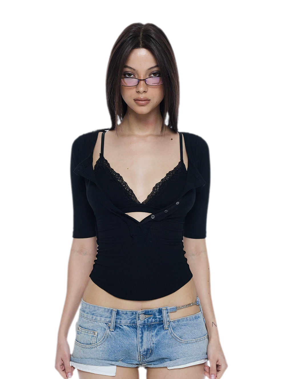 Ribbed Lace V-Neck Top Set
