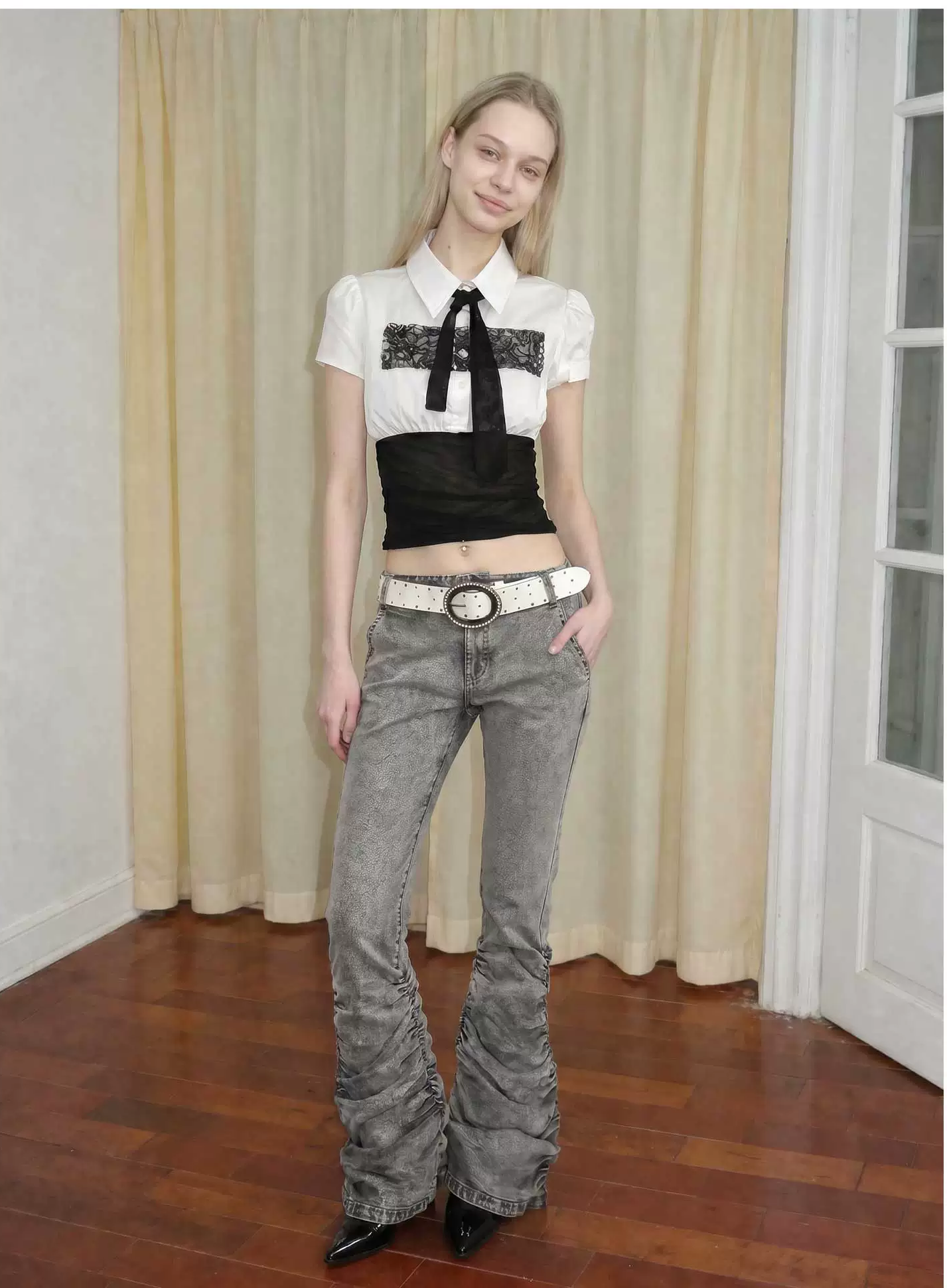 Washed Low-Rise Ruched Flare Jeans