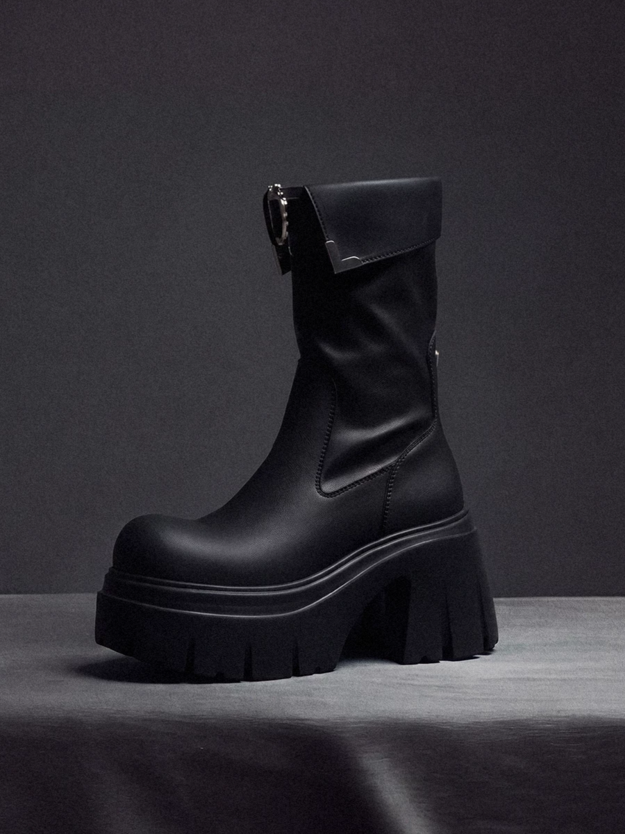 Metallic Strap Platform Mid-Calf Boots