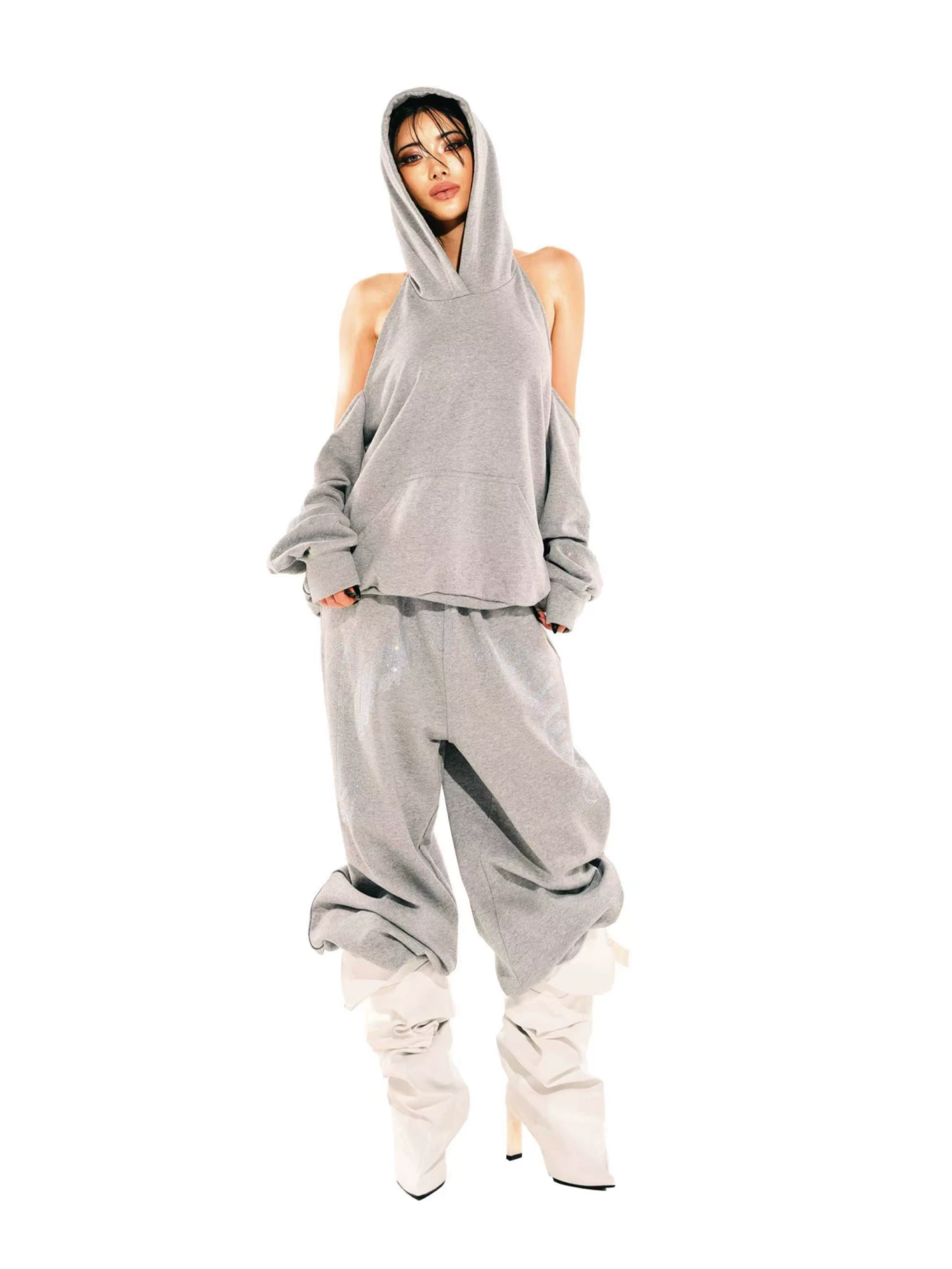 Rhinestone Off-Shoulder Hoodie Set