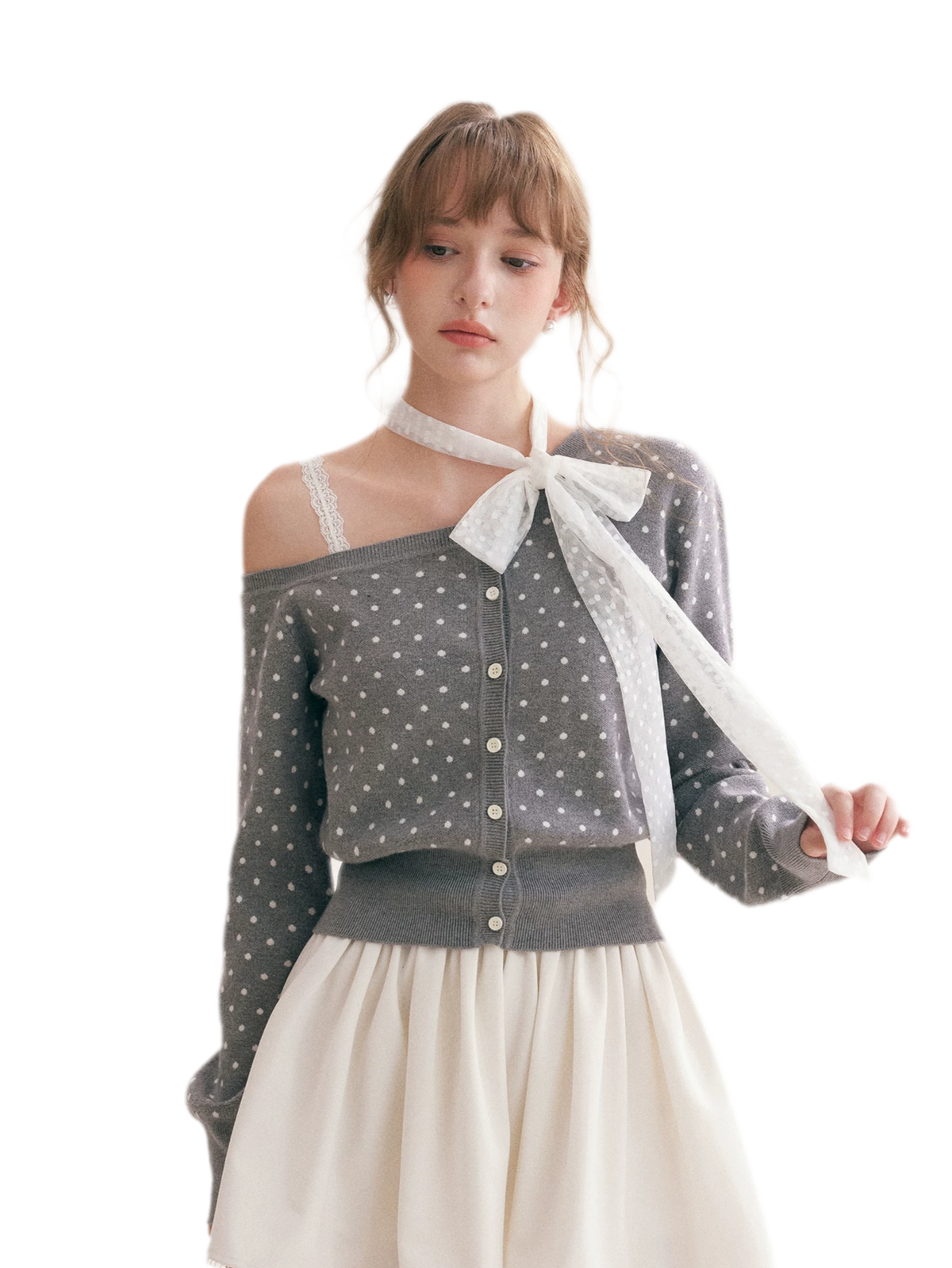 Polka Dot Slanted Shoulder Cardigan