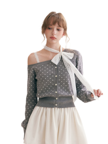 Polka Dot Slanted Shoulder Cardigan