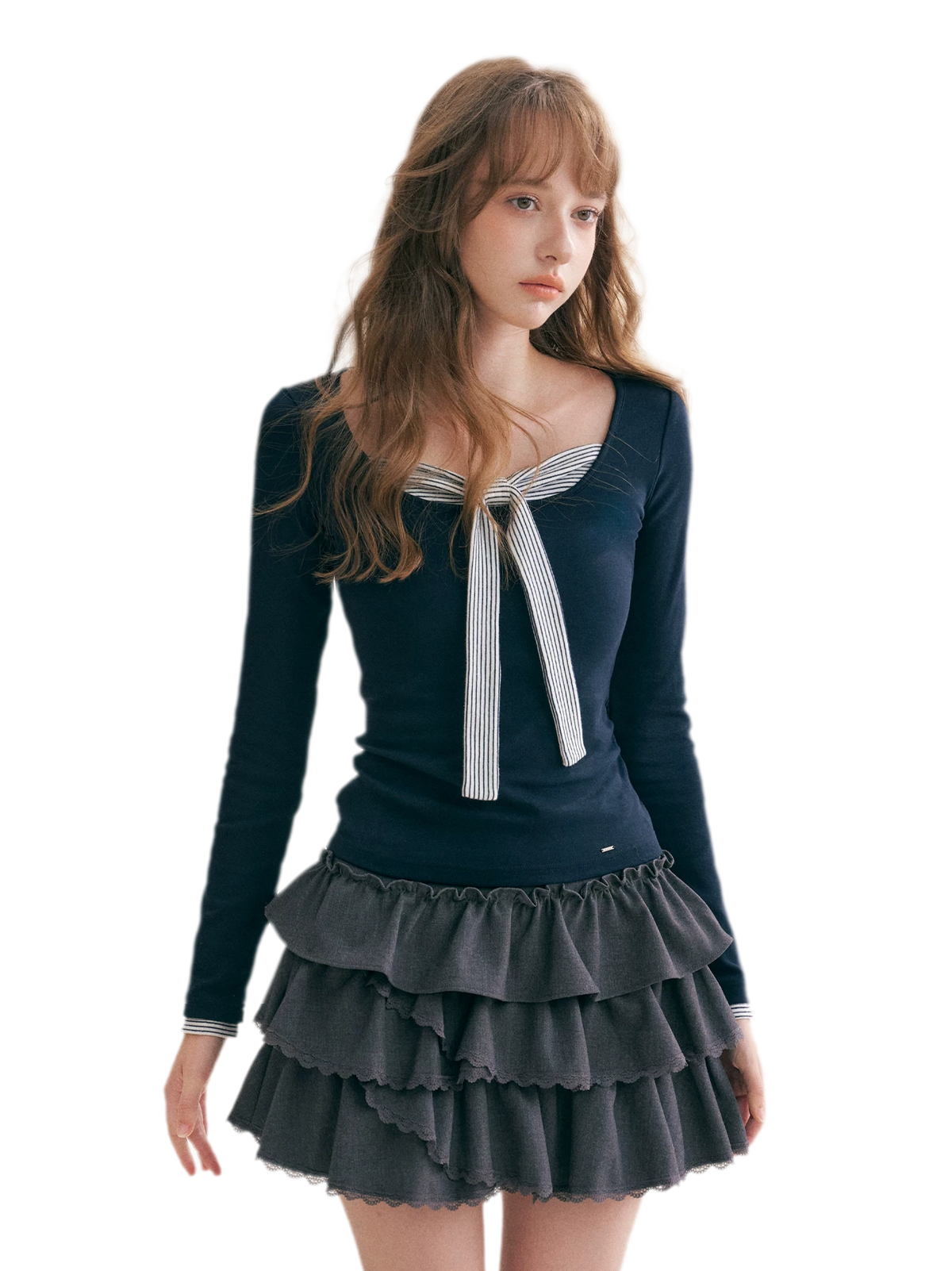 Striped Faux-Layer Fitted Top
