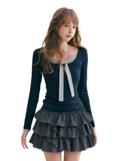 Striped Faux-Layer Fitted Top