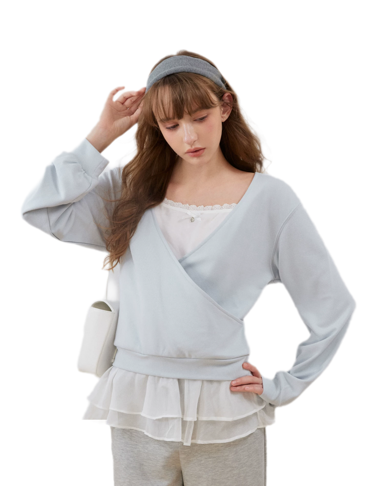 Sweatshirt met kanten ruches en V-hals