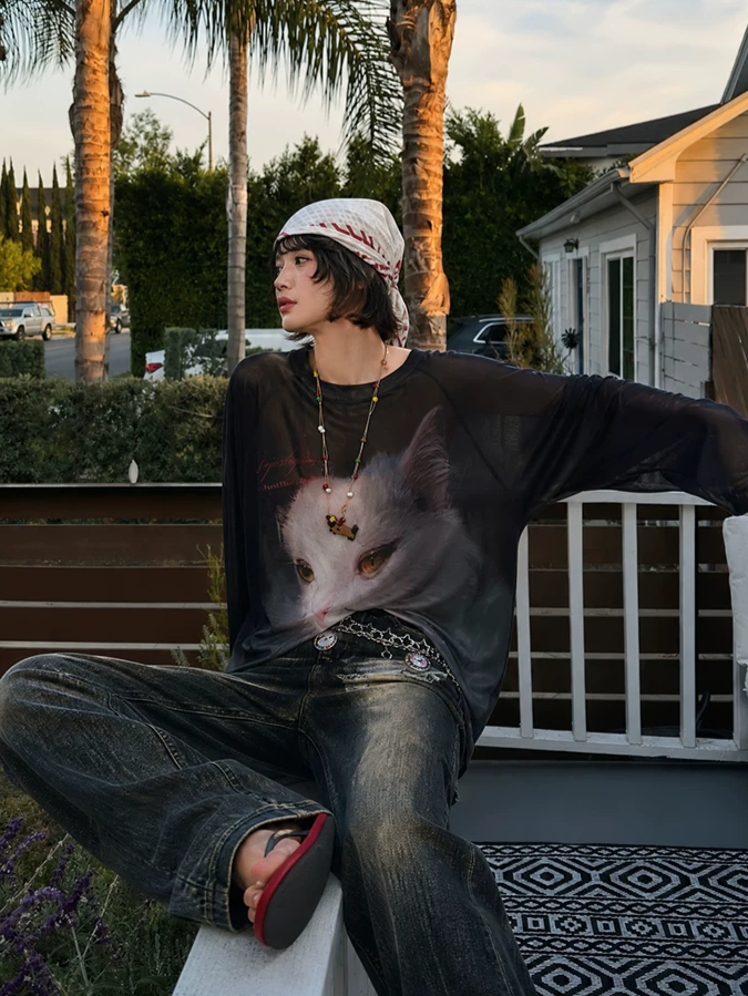 Sheer Oversized Cat Mesh Top