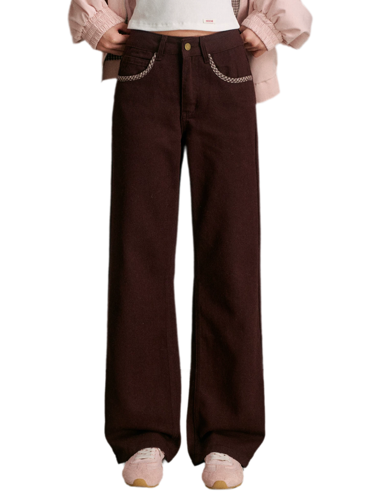 Cotton Contrast Plaid Bow Jeans