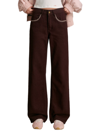Cotton Contrast Plaid Bow Jeans