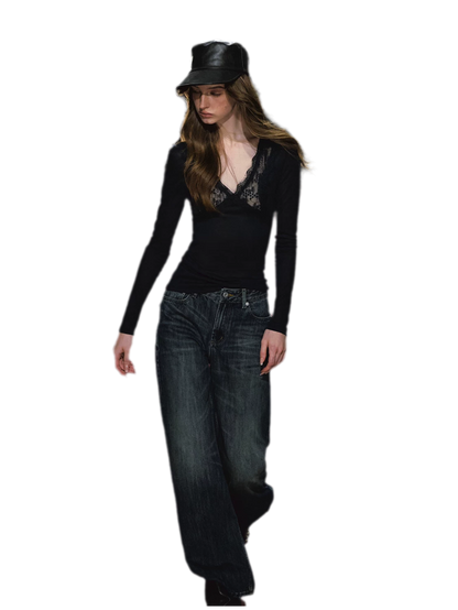 Jeans ricamati a quadri effetto lavato