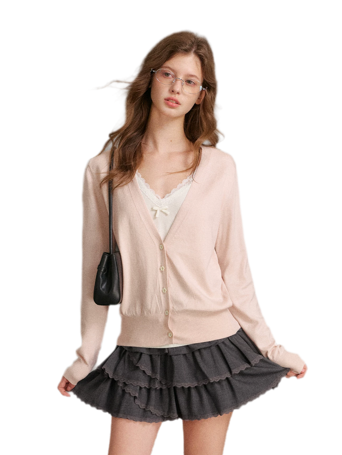 Áo cardigan cổ chữ V viền ren