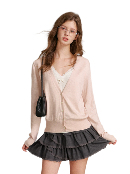 Áo cardigan cổ chữ V viền ren