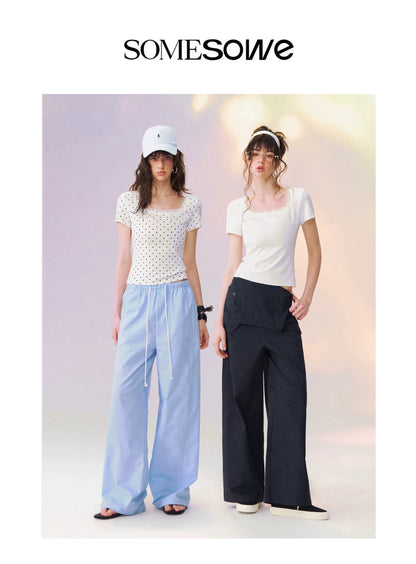 Square Neck Lace-Panel Slim T-shirt