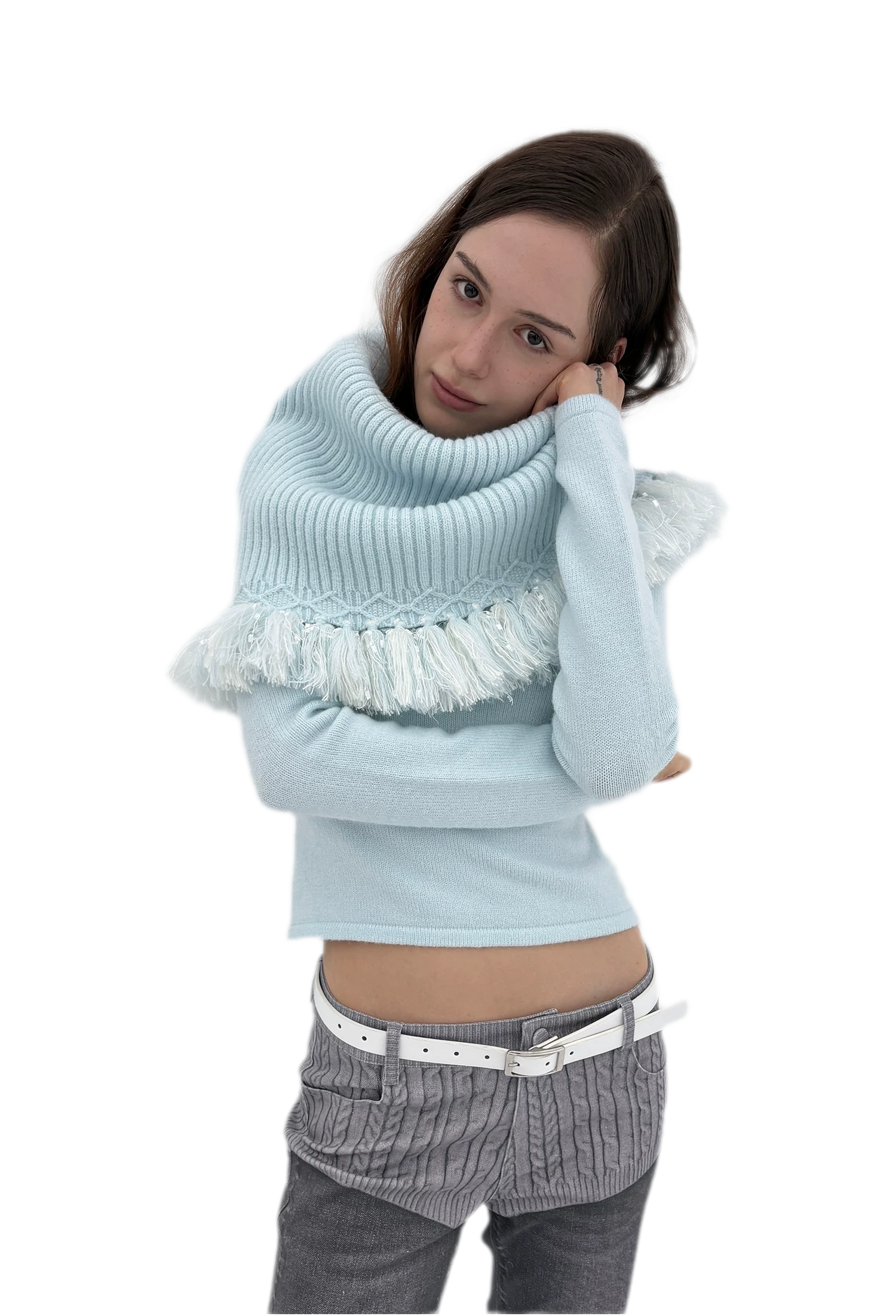 Fringed Ribbed Turtleneck Knit Top