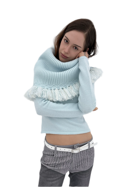 Fringed Ribbed Turtleneck Knit Top