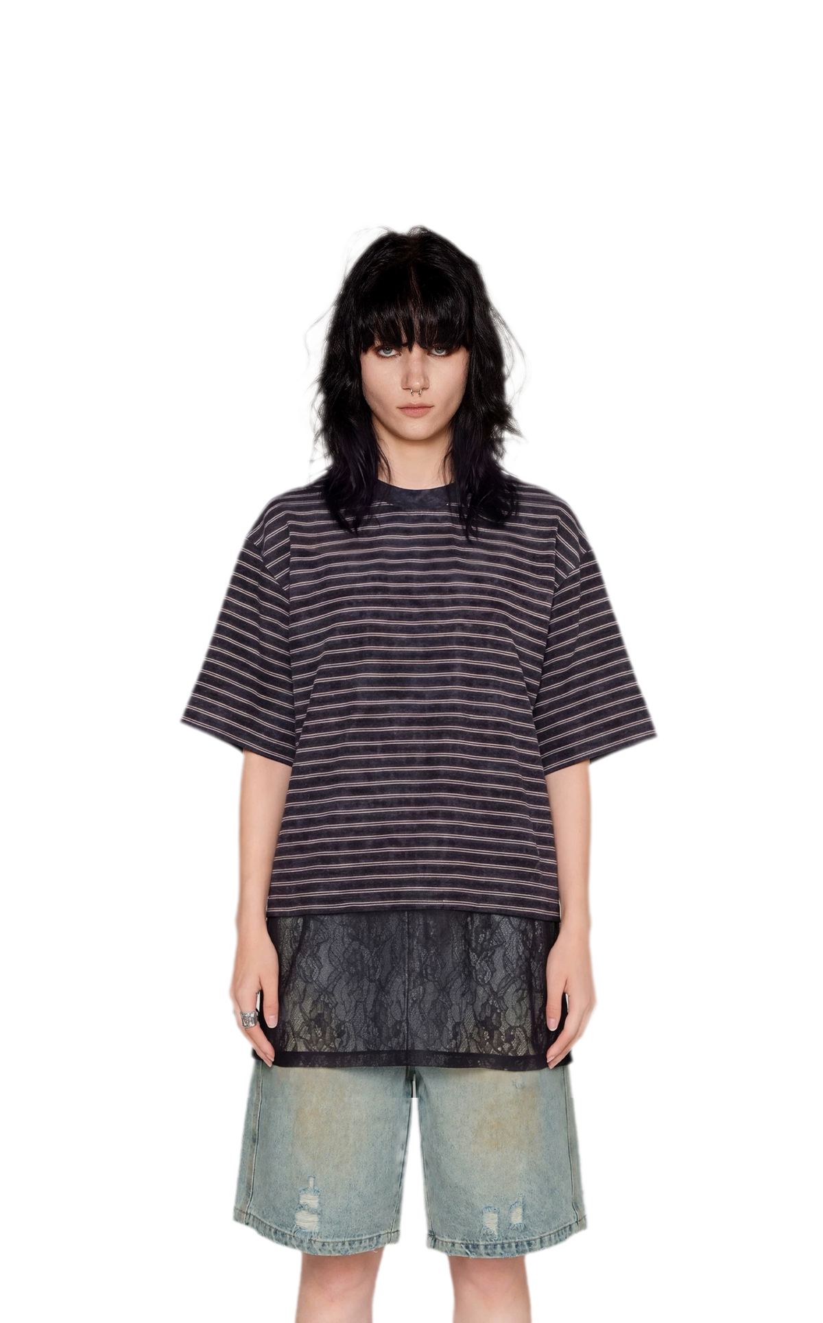 Striped Lace Hem T-Shirt