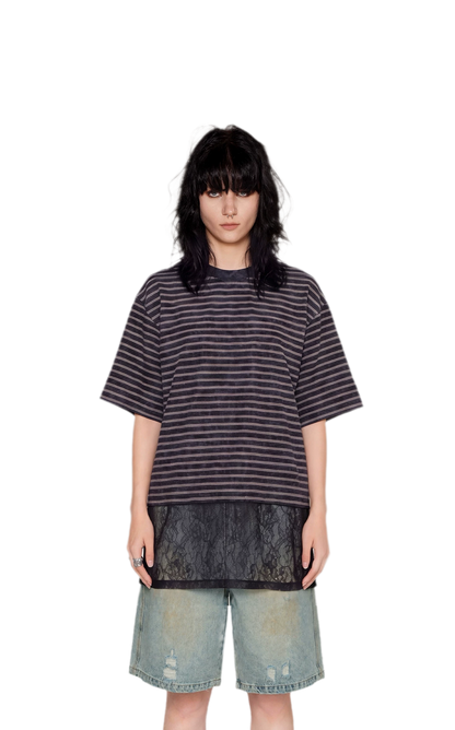 Striped Lace Hem T-Shirt