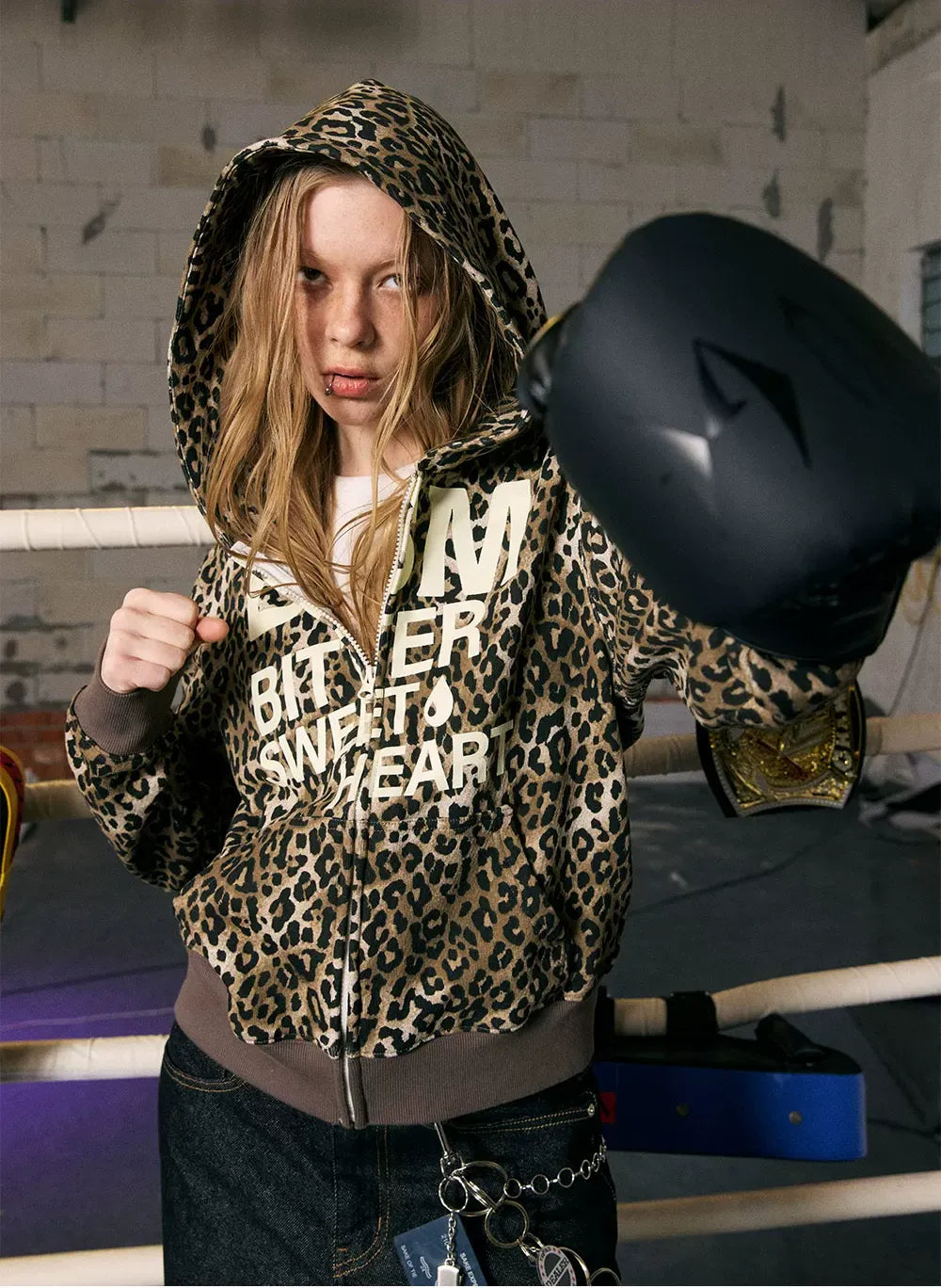 Distressed Leopard Zip Hoodie