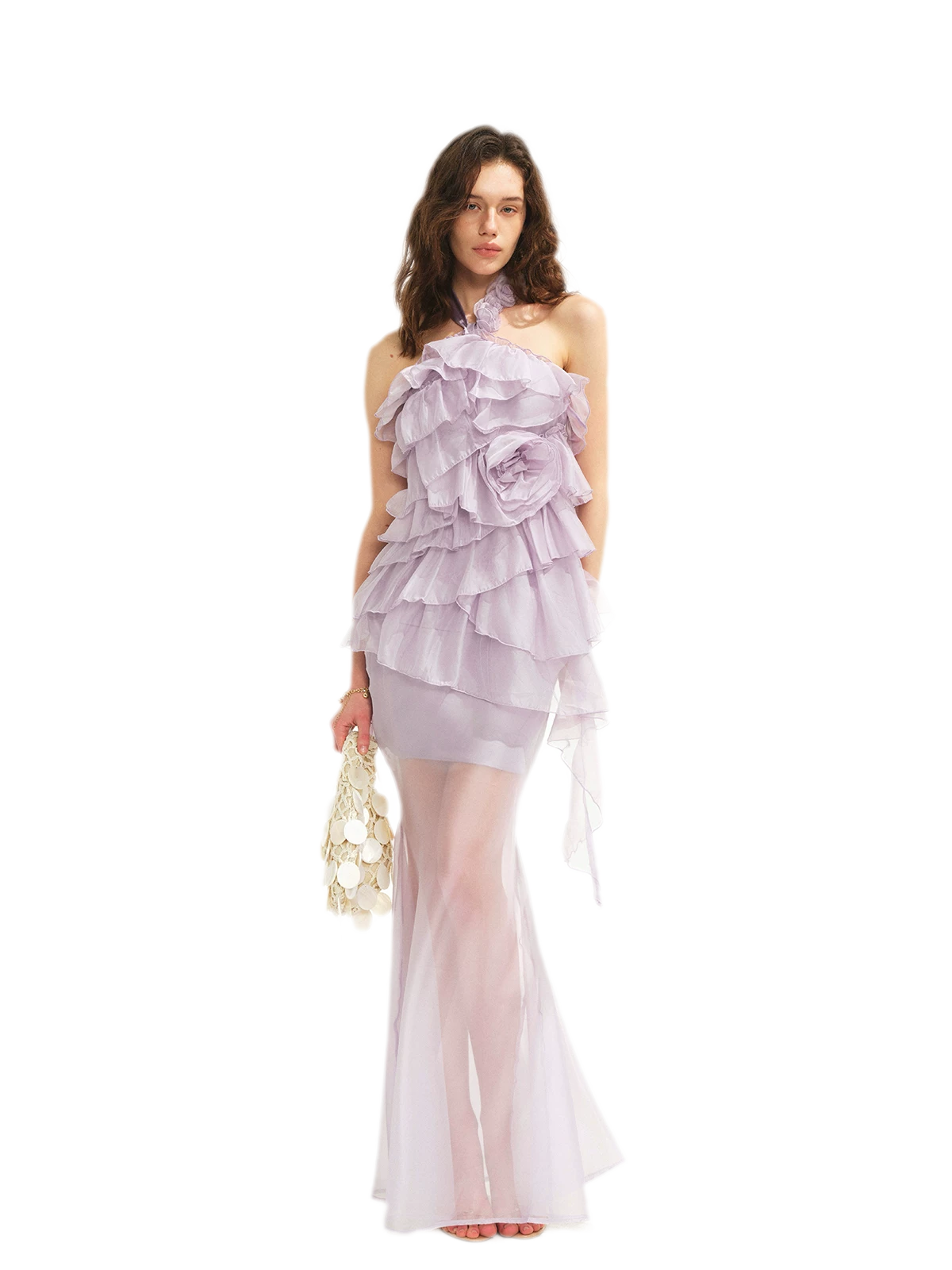 Sheer Rose Halter Fishtail Dress