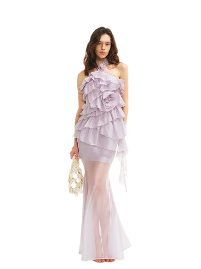 Sheer Rose Halter Fishtail Dress