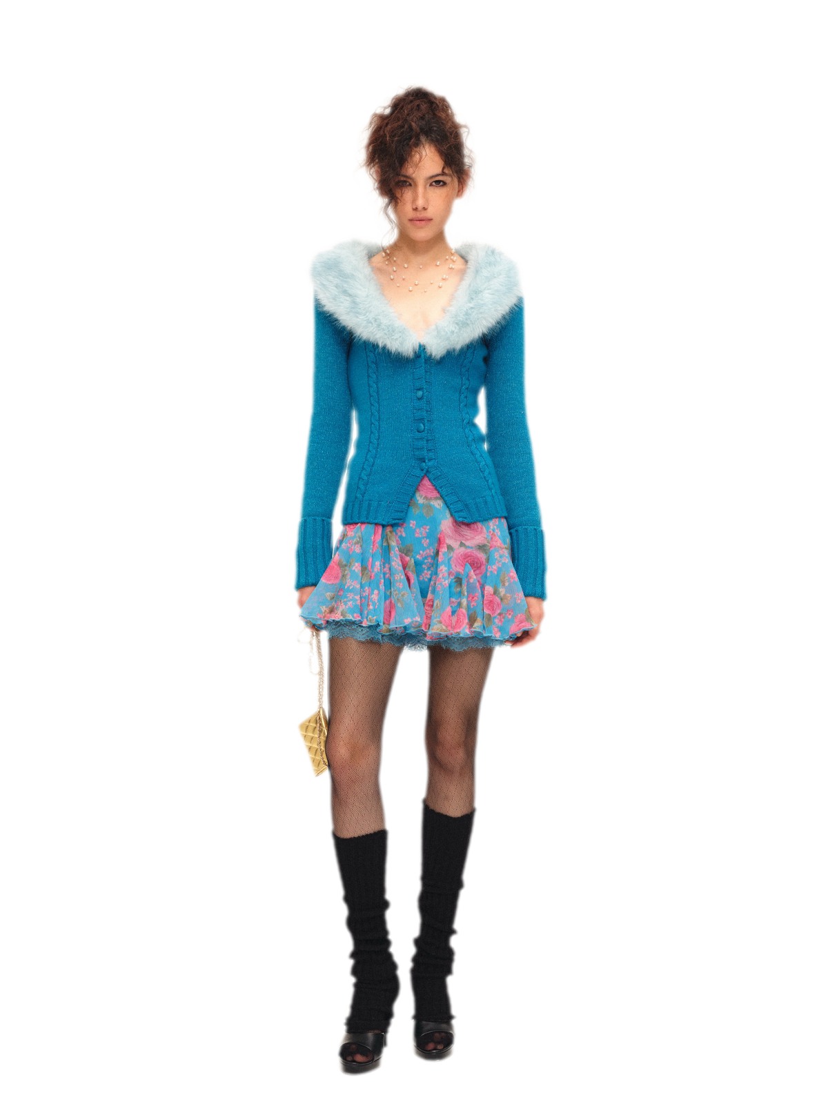 Bộ cardigan và chân váy dệt kim ánh nhũ