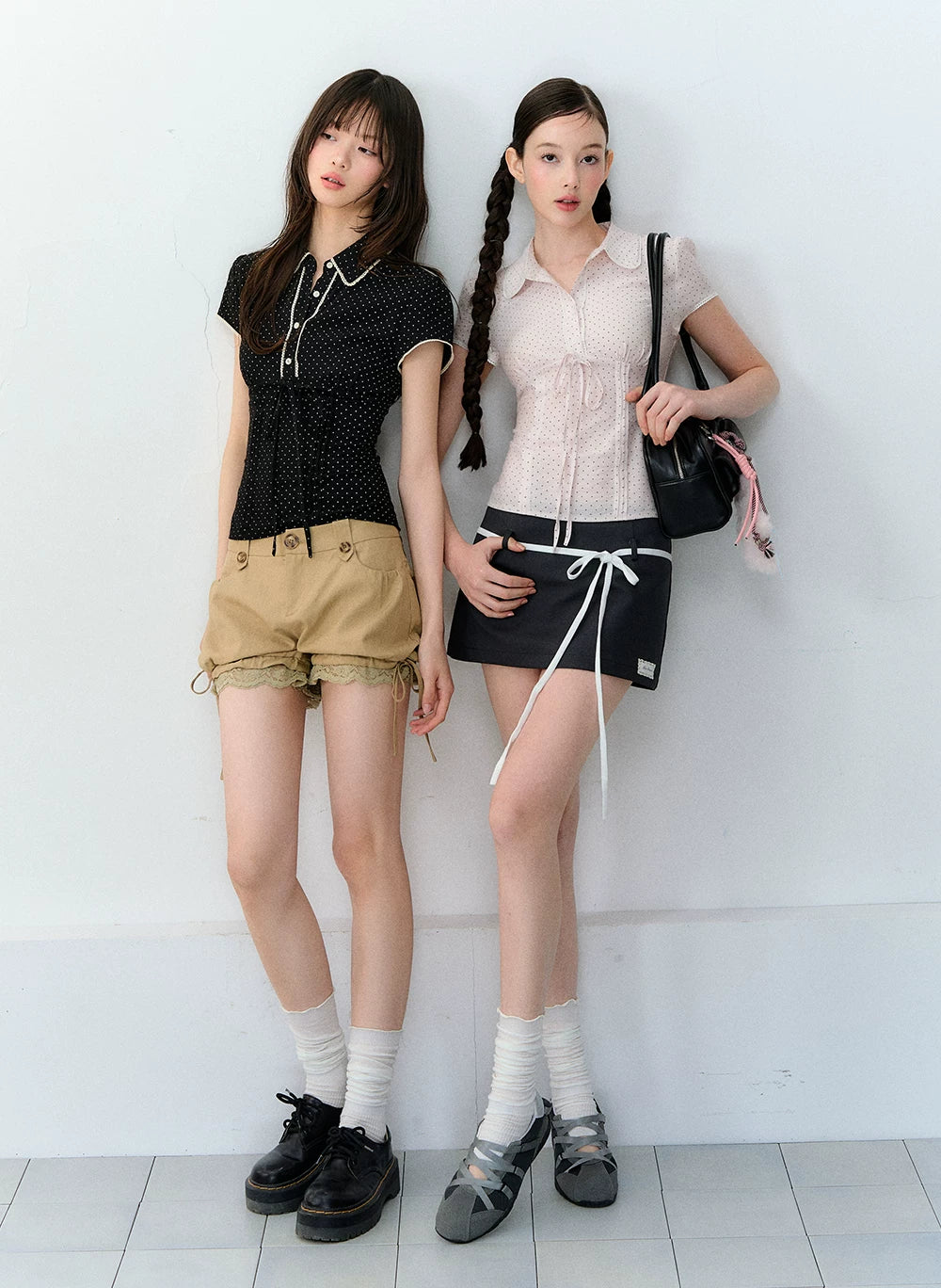 Korean Style Lyocell Waist-Tie Polka Dot Puff Sleeve